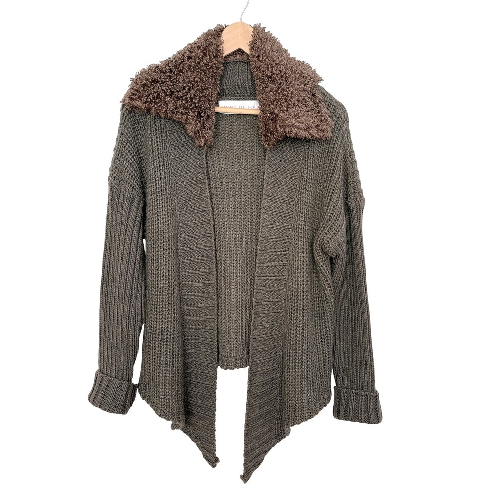 STORY OF‎ LOLA Wool Cardigan w/ Sherpa Collar Cozy Knit Brown M Bohemian Revival
